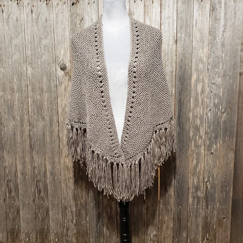 NEW‎ Taupe Metallic Hand Knitted Shawl Wrap Scarf Boho Hippie Fringe Art Cottage
